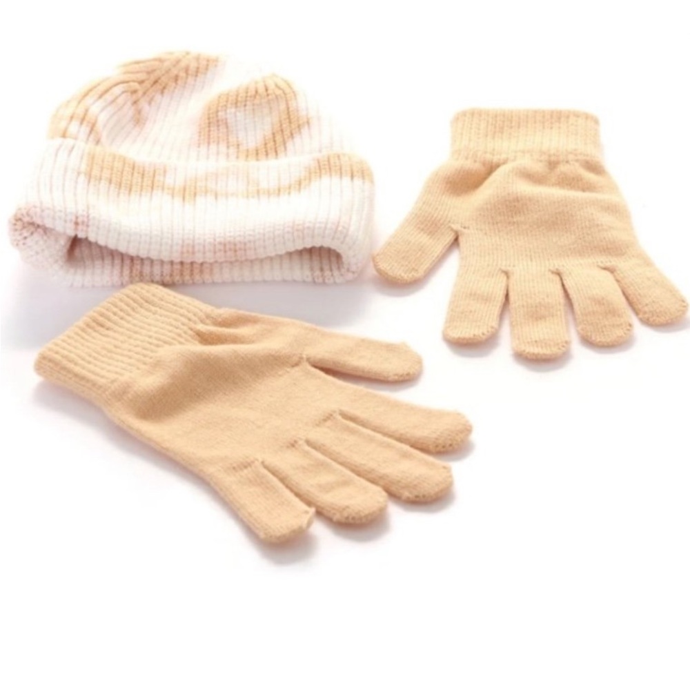 Cozy Tan and White Beanie and Gloves Set